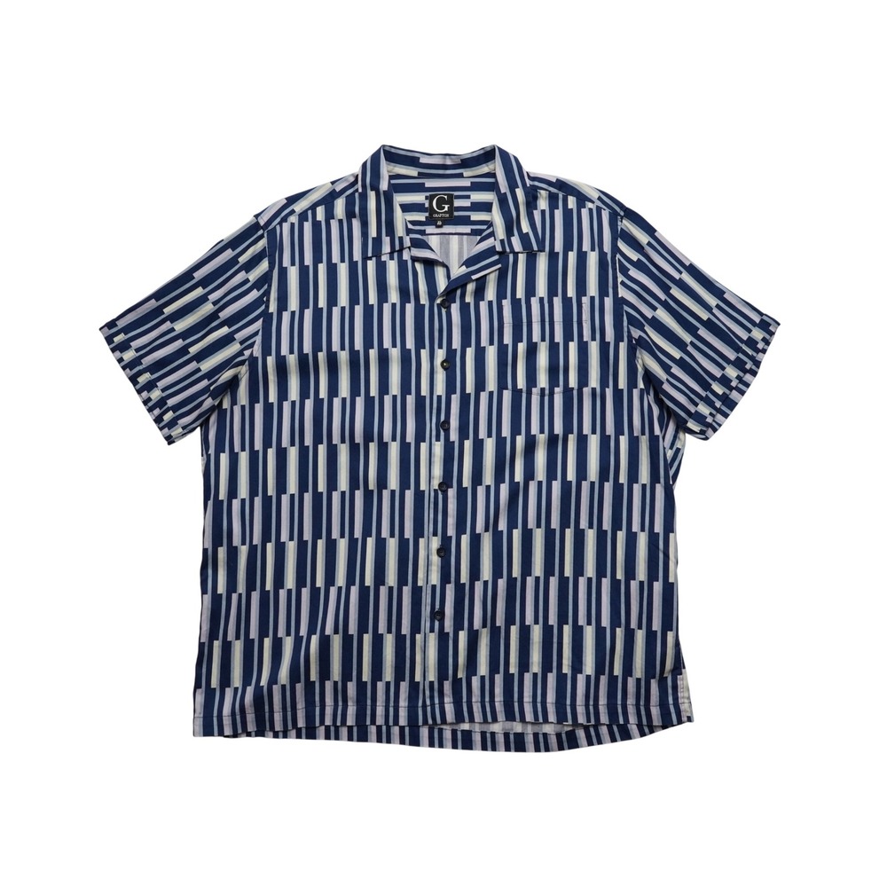 Grafton Shirt Mens XL Blue Geometric Stripe Camp Collar Retro Short Sleeve‎